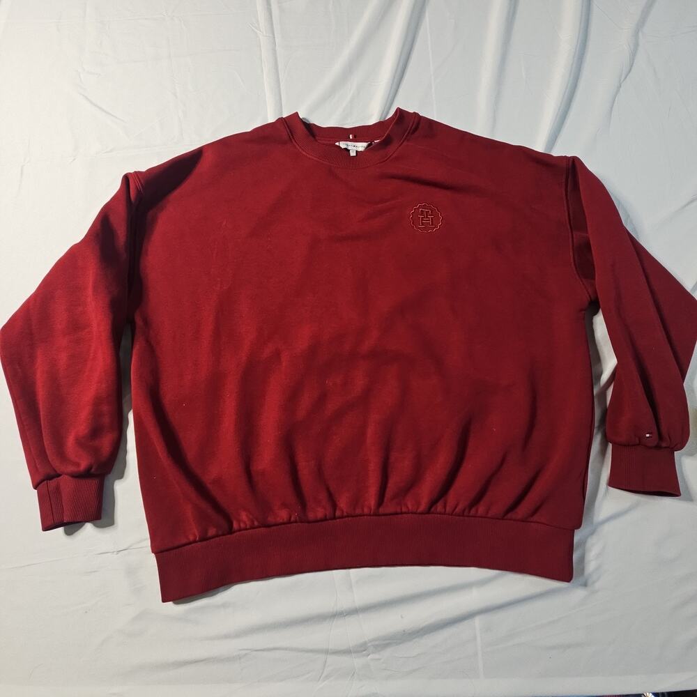 Tommy Hilfiger Mens Crewneck Sweatshirt Burgundy TH Monogram Crest Logo Medium